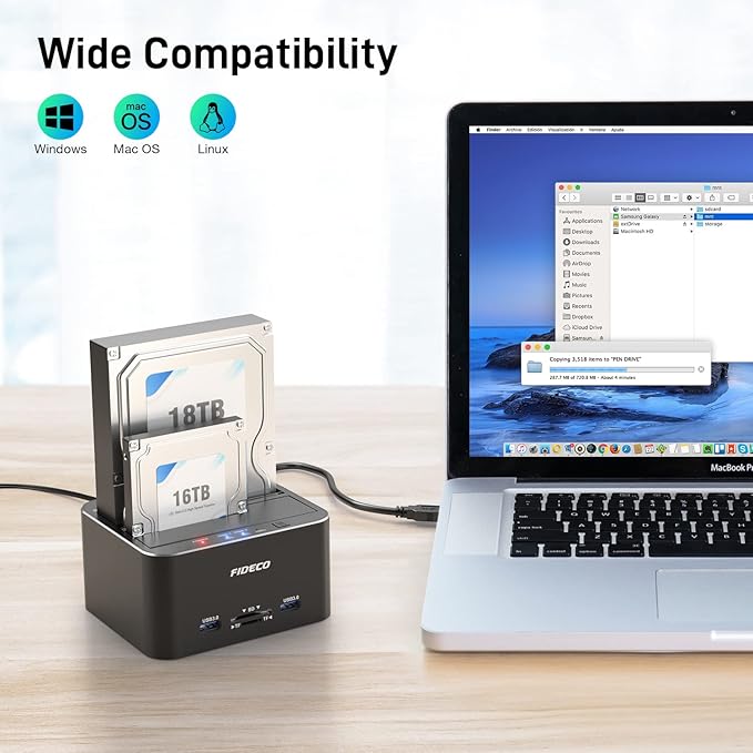 FIDECO Hard Drive Docking Station, USB 3.0 Aluminum Hard Drive Docking Stations 2.5"/3.5" SATA HDD SSD, TF Card Reader and SD Card Reader, Offline Clone Support