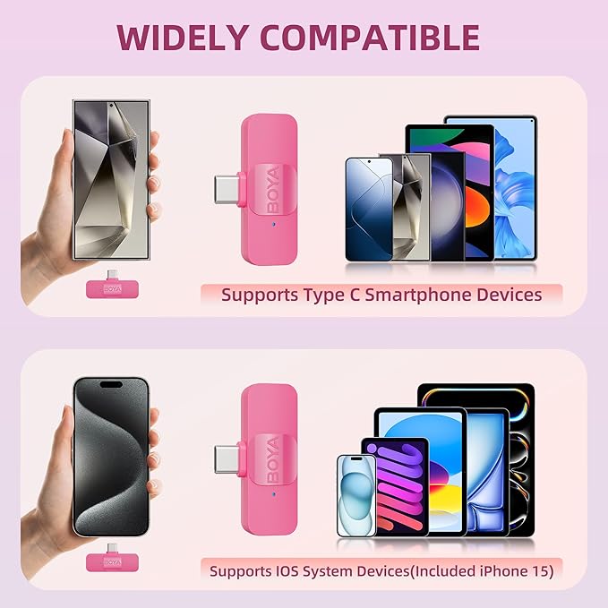 BOYA Wireless Lavalier Microphone for Android USB C Smartphone Tablet External Mini Lapel Type C Microphone for Cell Phone Clip-On Mic for Video Recording Podcast YouTube Live Streaming (Pink)
