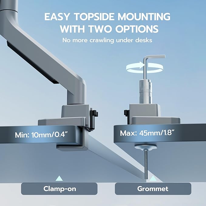 ARES WING Ultrawide Single Monitor Arm, Heavy Duty Monitor Mount for 13"-45" Curved Screens, Adjustable Stand for Desk with C-clamp & Grommet Base up to 40 LBS, Gray