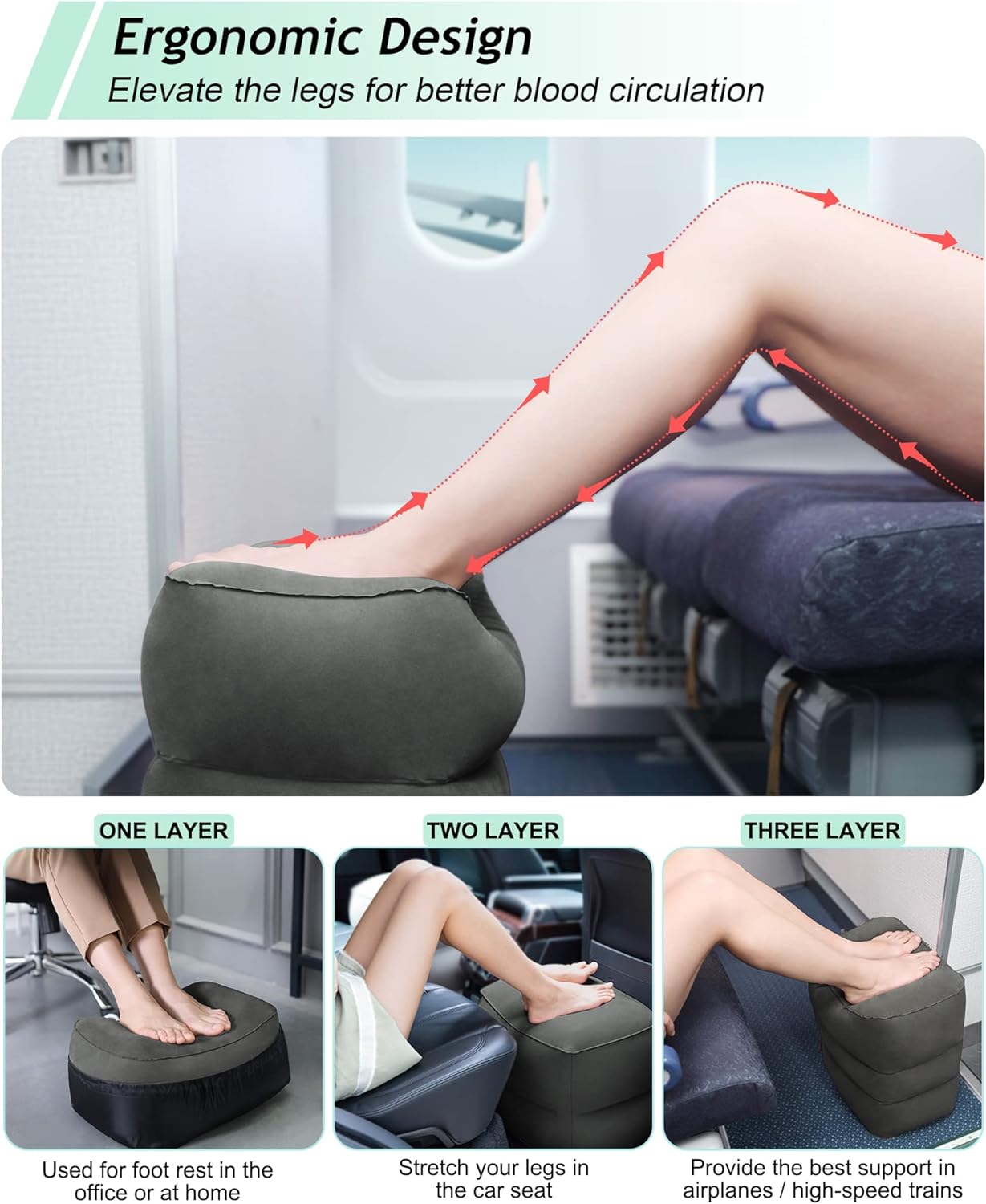 JefDiee Inflatable Travel Foot Rest Pillow, Kids Airplane Bed, Adjustable 3 Layers Height Leg Rest Pillow, Adults Travel Essentials Great for Airplane, Office, Home, Trains, Cars (2 Pack-Dark Grey)