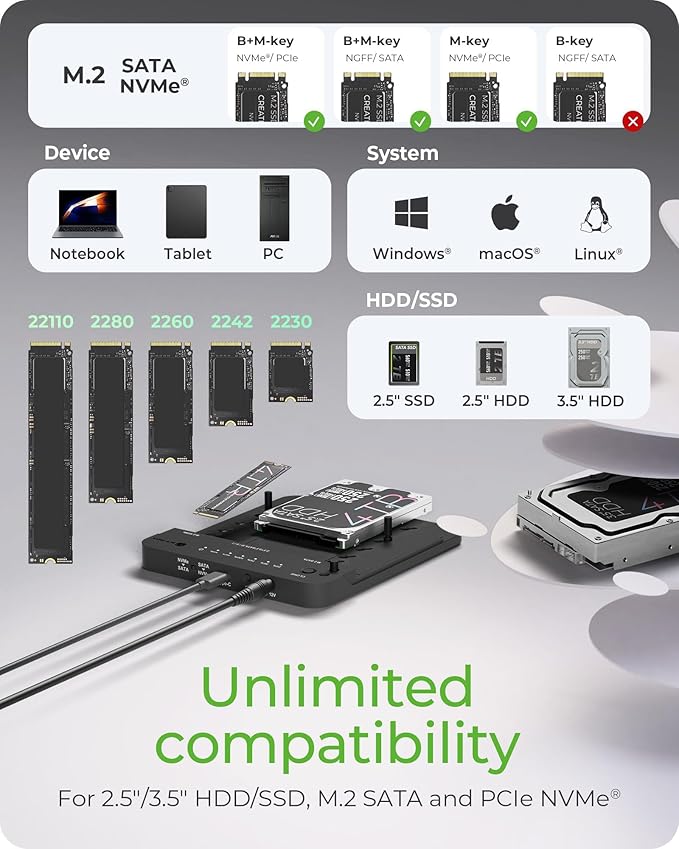 M.2 NVMe & SATA SSD/HDD Docking Station, ICY BOX USB-C 10 Gbps Dual Bay Hard Drive Clone Station & Reader (SATA 2.5/3.5 Inch & M.2 NVMe), Two-Way Cloning, Tool-Free External Adapter