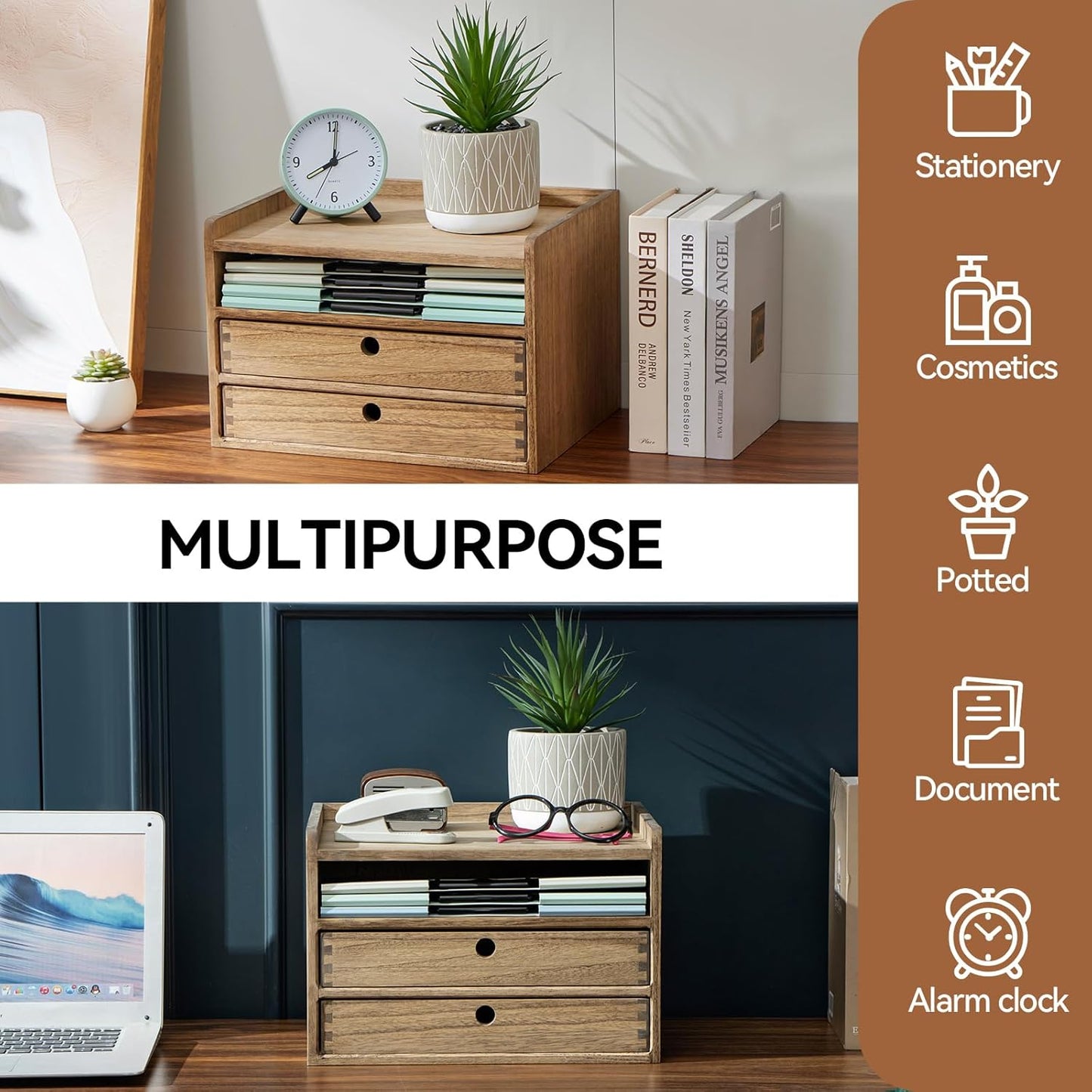 KIRIGEN Desktop Organizer Cabinet With 2 Drawers & Tray - Wood Office Desk Storage Shelf for Office Supplies - Small Cabinet for Countertop Accessories Storage 3 Layer Dark Brown（DT3D2C-DBR）