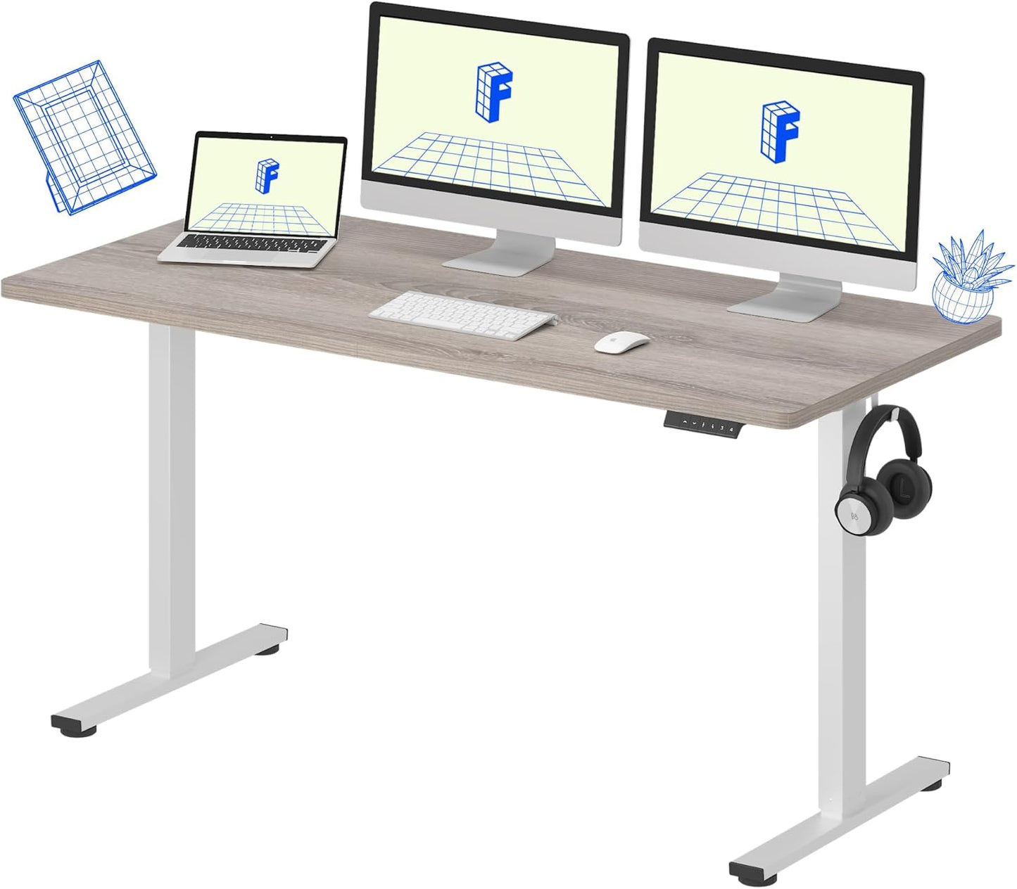 FLEXISPOT EN1 One-Piece Standing Desk, 60 x 24 Inches Height Adjustable Desk Electric Sit Stand Desk for Home Office (White Frame + Gray Wood Desktop, 2 Packages)