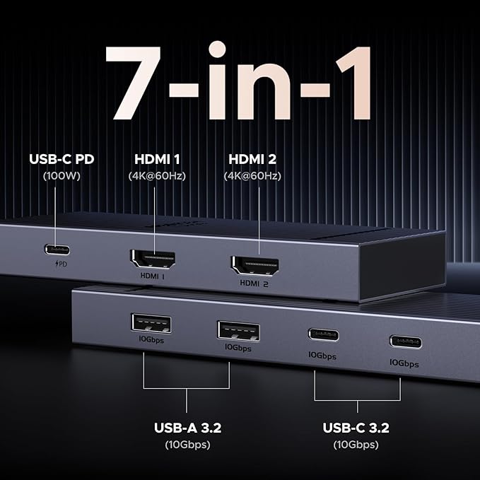 UGREEN Revodok Pro 7 in 1 Docking Station Dual Monitor, USB C Hub Dual 4K@60Hz HDMI Display, 10Gbps USB-A/C Data Ports, 100W PD, Aluminum Laptop Docking Station for HP, Thinkpad, Dell and More