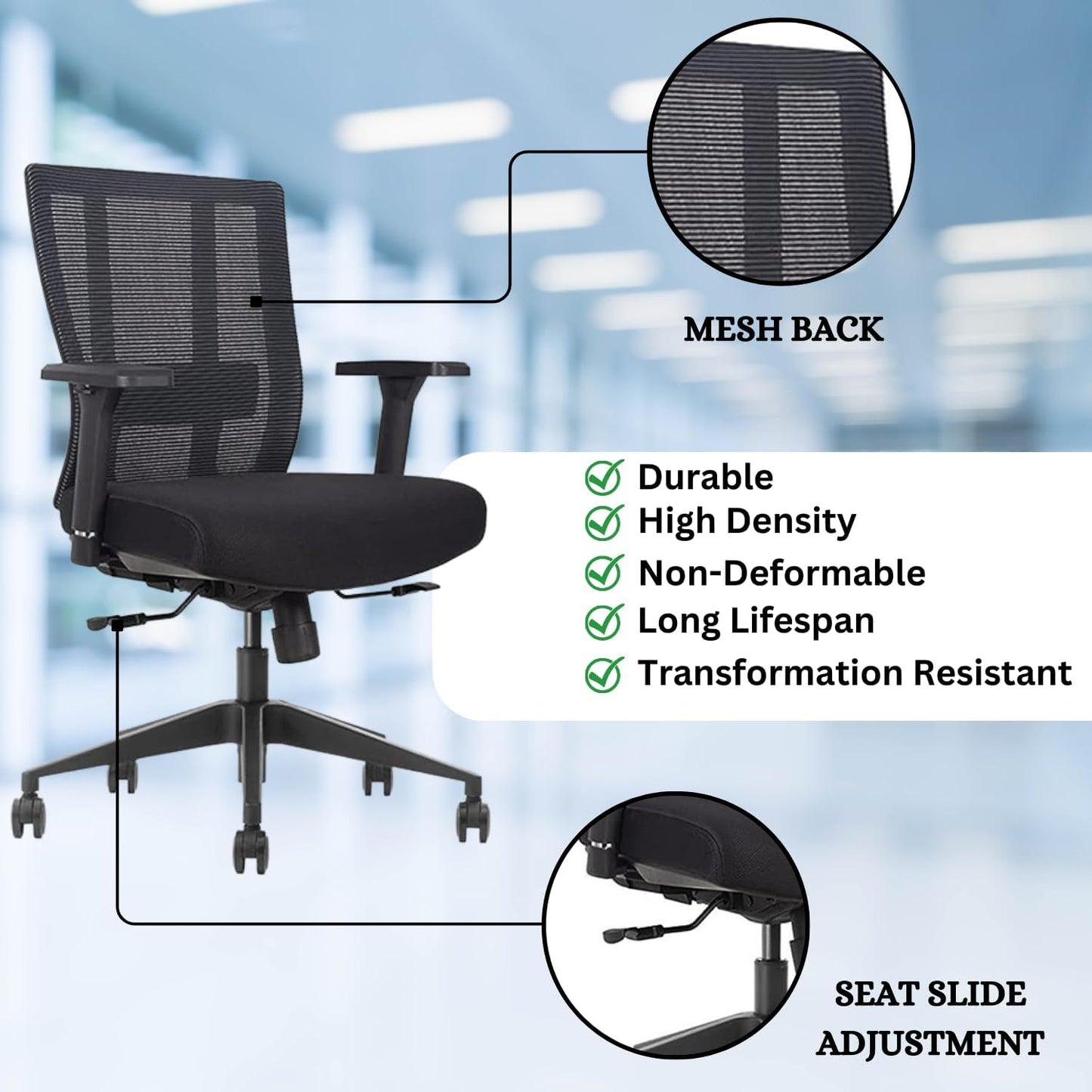 Bitchair Ergonomic Mesh Conference Room Chair - Adj Lumbar Support Computer Desk Chair with Height Adjustable Arms - Seat Depth Adjustable Home Office Chair - (Black) (Pack of 1)
