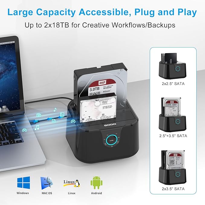 GODO USB 3.0 to SATA III Mini Dual Bay External Hard Drive Docking Station for 2.5/3.5 inch HDD SSD,Support Offline Clone,Hot Pluggable,UASP (5 Gbps) and Max