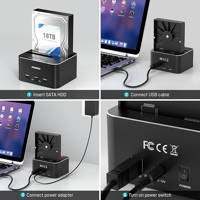 FIDECO Hard Drive Docking Station, USB 3.0 Aluminum Hard Drive Docking Stations 2.5"/3.5" SATA HDD SSD, TF Card Reader and SD Card Reader, Offline Clone Support