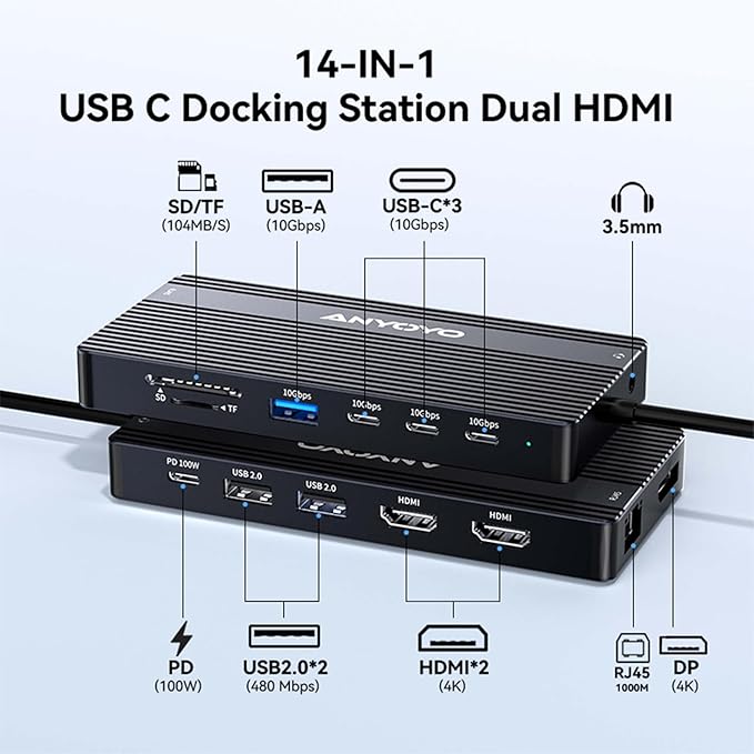 USB C Hub USB C Docking Station Dual Monitor14-IN-1 Triple Display Multiport Adapter with 2*HDMI +DP + 5*USB-A/C 10Gbps Ports+Ethernet+SD/TF Laptop Docking Station for HP/Dell/Lenovo/Thinkpad (Black)