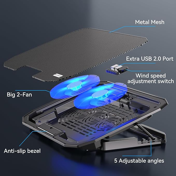 Ultra Slim Laptop Cooling Pad with 2 Quiet Big Fans, 5 Height Adjustable Ergonomic Stand, Portable Cooler for 10-15.6 Inch Laptops, Speed Control and 2 USB Ports