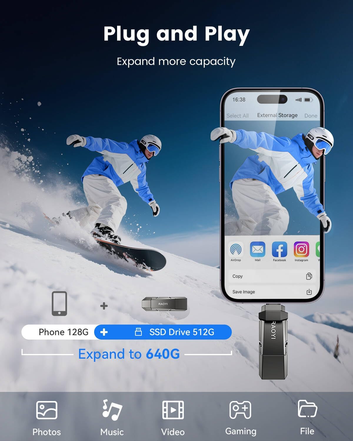 RAOYI 512GB USB C External SSD, 2-in-1 Solid State Drive Up to 450MB/s Dual USB 3.2 + Type-C Thumb Drive Portable SSD Drive for iPhone 15/16, Android, Tablet, PC and PS4