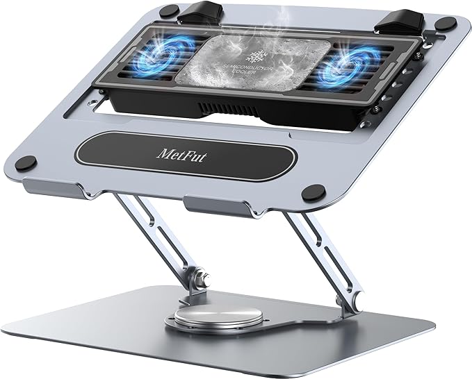 Laptop Cooling Stand with Detachable Thermoelectric Cooler, Adjustable Height & Angle, 360 Rotation Base, Carbon Steel Framework, Ultra-Quiet & Super Sturdy for up to 15.6” Laptop (Grey)