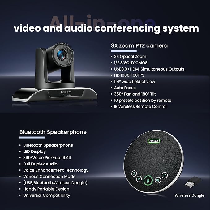 All-in-One Conference Room Video Camera System Bundle HD 1080P 60fps 3X Optical Zoom USB3.0 HDMI PTZ Camera and Bluetooth Conference Speakerphone with Microphones