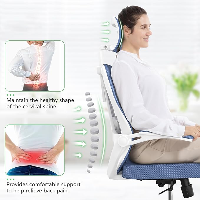 Home Office Chair,Ergonomic Big and Tall Office Desk Chair with Flip-up Arms/Headrest/Adjustable Lumbar Support/Tilt Function/450 lbs Heavy Duty Office Chair-Mesh （Blue）