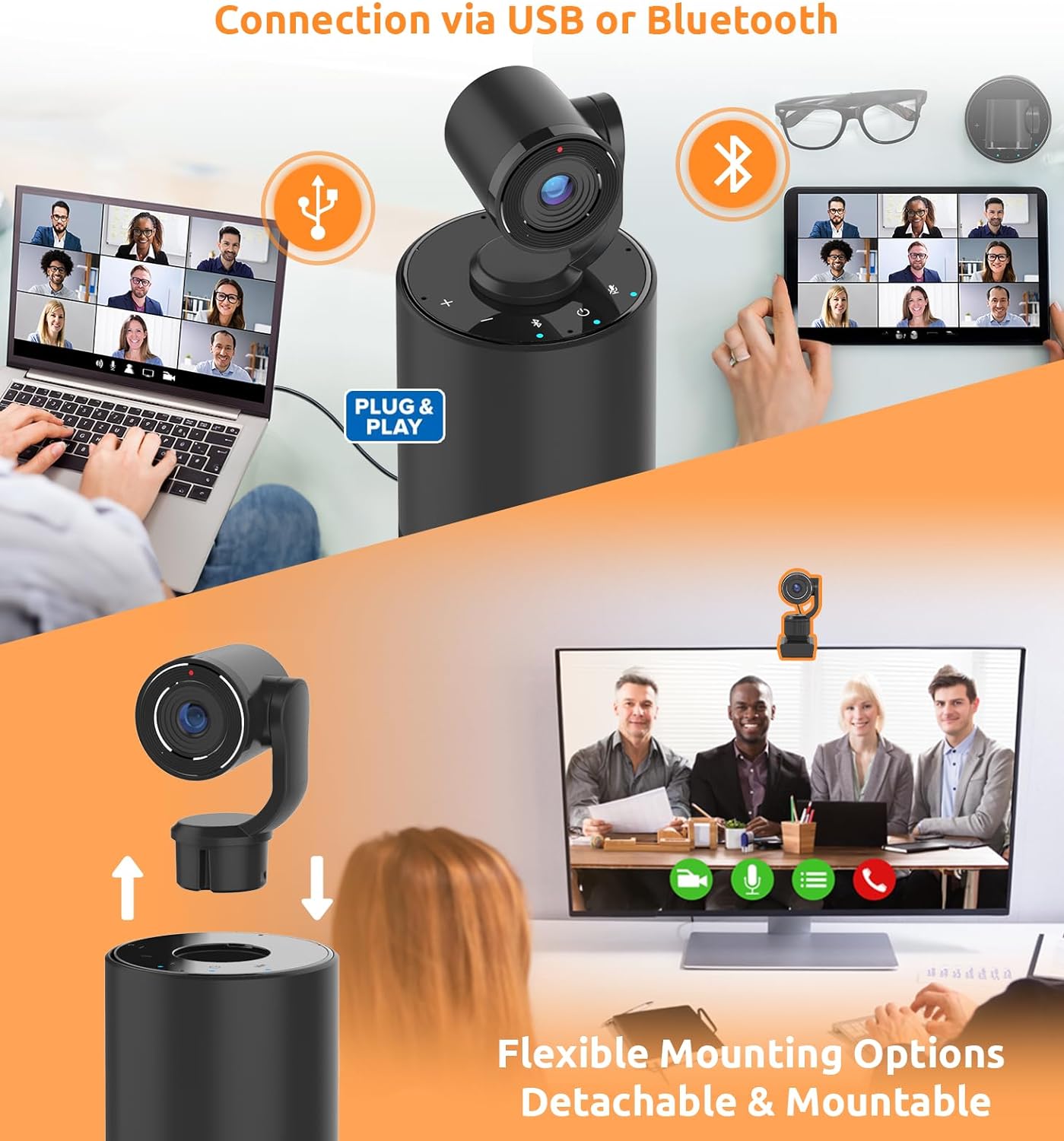 TOUCAN Video Conference Camera with 4 Noise-Cancelling Mics, Speaker, Adjutable Camera, 1080p Detachable USB Webcam Plug and Play Works with Zoom, Microsoft Teams and More, for PC/Mac/Laptop