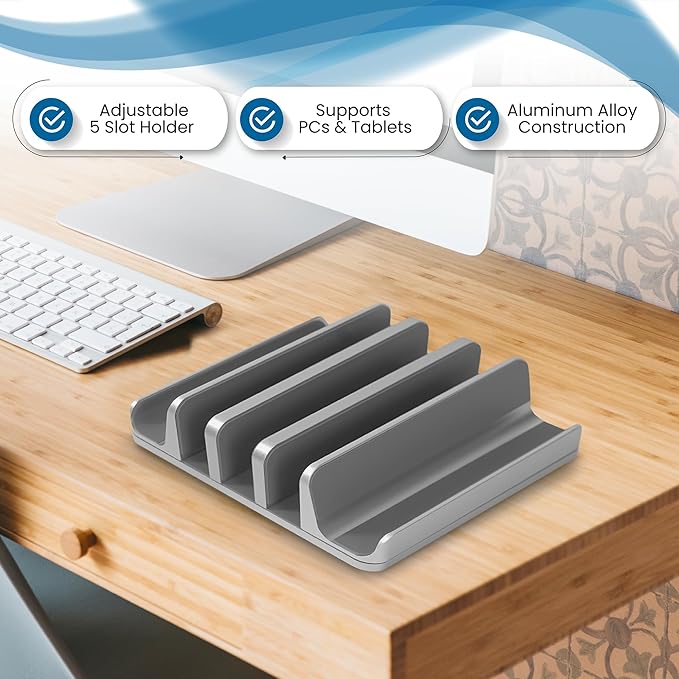 Multiple Laptop Holder Vertical – Adjustable Laptop Vertical Stand Holds 5 Devices, Fits All MacBooks Laptops Tablets and Mobiles (up to 17.3”). Closed Upright Vertical Laptop Stand for Desk