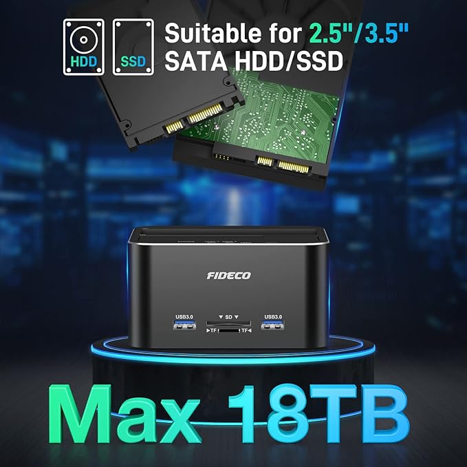 FIDECO Hard Drive Docking Station, USB 3.0 Aluminum Hard Drive Docking Stations 2.5"/3.5" SATA HDD SSD, TF Card Reader and SD Card Reader, Offline Clone Support