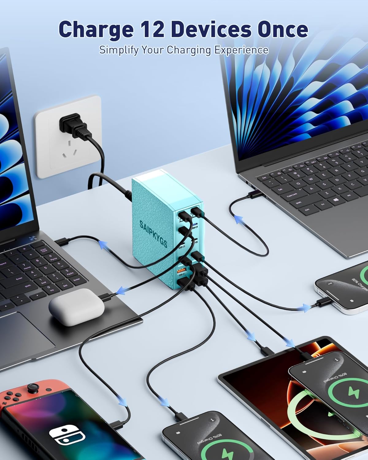 Charging Station (600W),12-Port USB C Charger Block with Dual 100W PD USB-C Fast Charging Station Hub for MacBook Pro/Air/All iPad iPhone 17/16 15/14/13/Pro Max/Samsung Galaxy Note(Green)