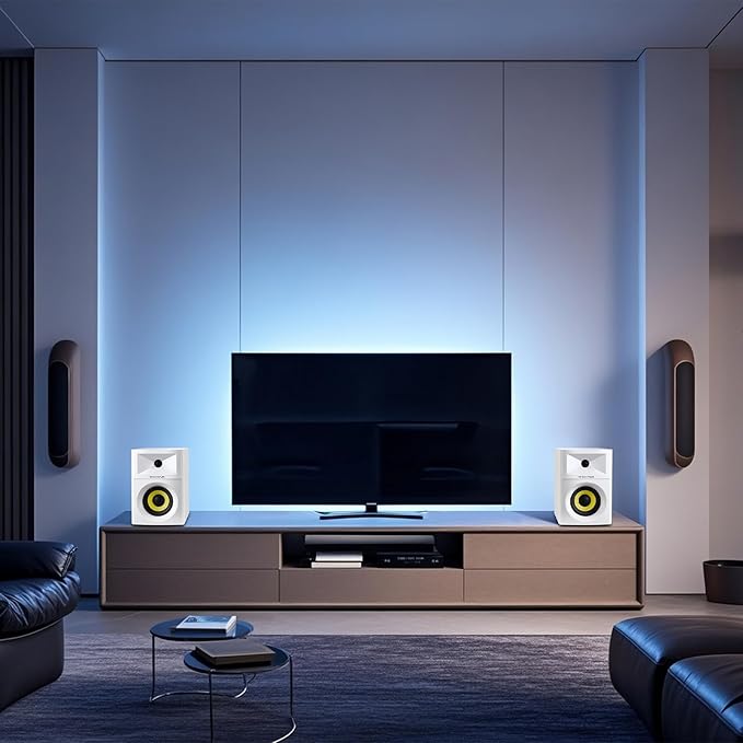 SW205 4" Bookshelf Speakers | Immersive HiFi Audio with Virtual Surround | Flagship DAC/DSP Engine | Geometric Diffusion Cabinet | 80W, Bluetooth 5.4/Optical/AUX Inputs, Wireless Remote, White