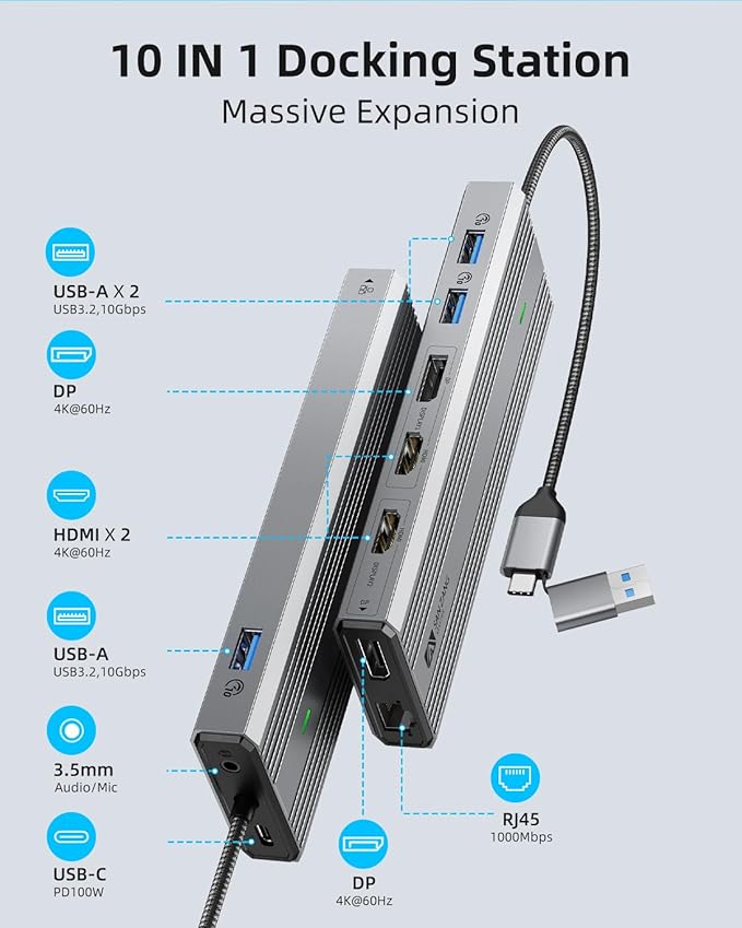 Displaylink Dock,Displaylink Docking Station Dual Monitor,10Gbps USB C Docking Station for MacBook M1/M2/M3/Windows,Laptop Docking Station with 2 HDMI 4K,2 PD 4K, Ethernet,USB 3.2,Mic/Audio,100W PD
