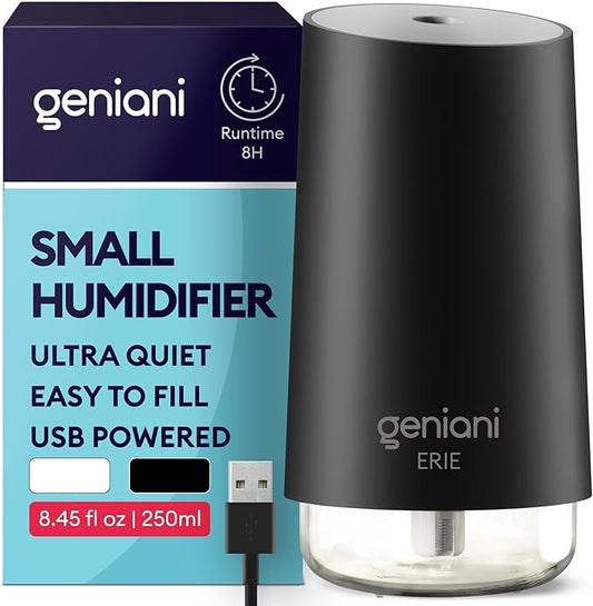GENIANI Portable Small Cool Mist Humidifiers - Desktop Humidifier for Plants, Office, Car, Baby Room with Auto Shut Off & Night Light (White, 0.25L, USB)