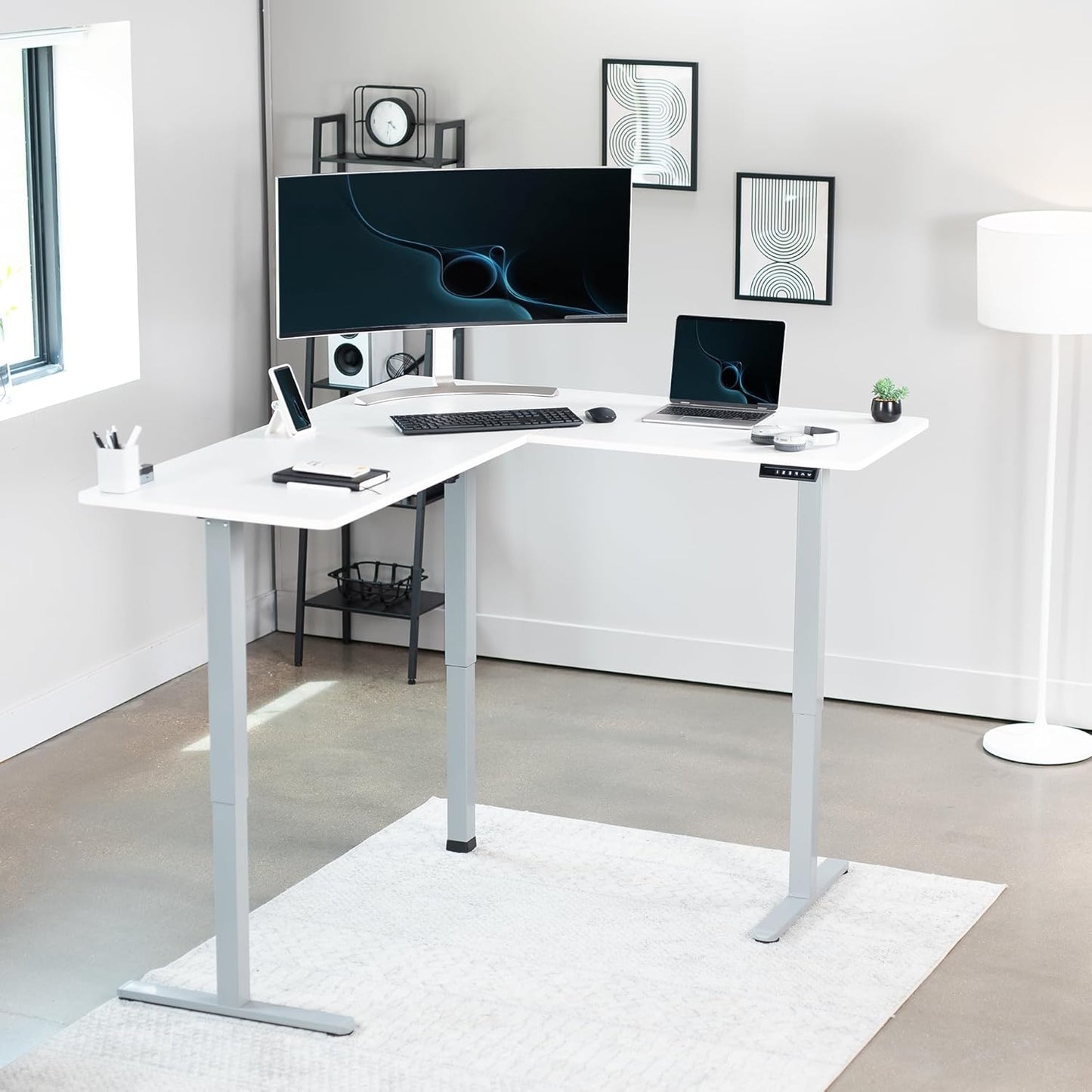 VIVO Electric Corner L-Shaped 63 x 55 in Standing Desk, Memory Height Adjustment, White Top Gray Frame, DESK-E3CTGW