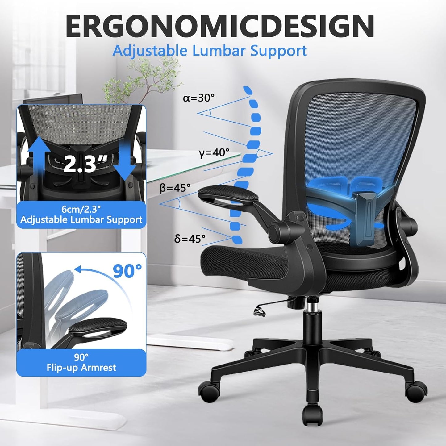 Desk Chairs with Wheels, Ergonomic Mesh Office Chair Adjustable Height and Swivel Lumbar Support Home Office Chair with Flip Up Armrests, Set of 6