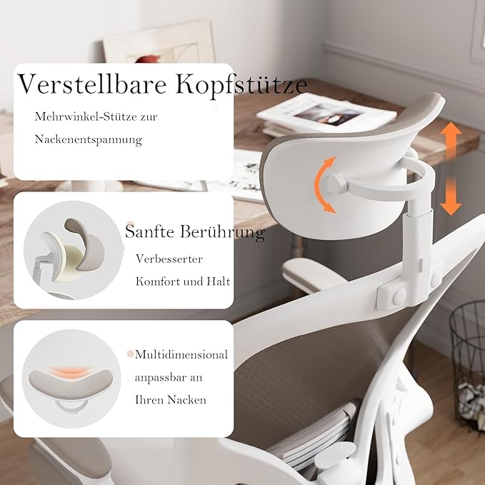 Monhey Office Chair Ergonomic Desk Chair with Lumbar Support&Headrest&Flip-up Arms Height Adjustable Rocking Swivel High Back Computer Chair Warm Taupe Mesh Study Chair (White+Khaki-2)