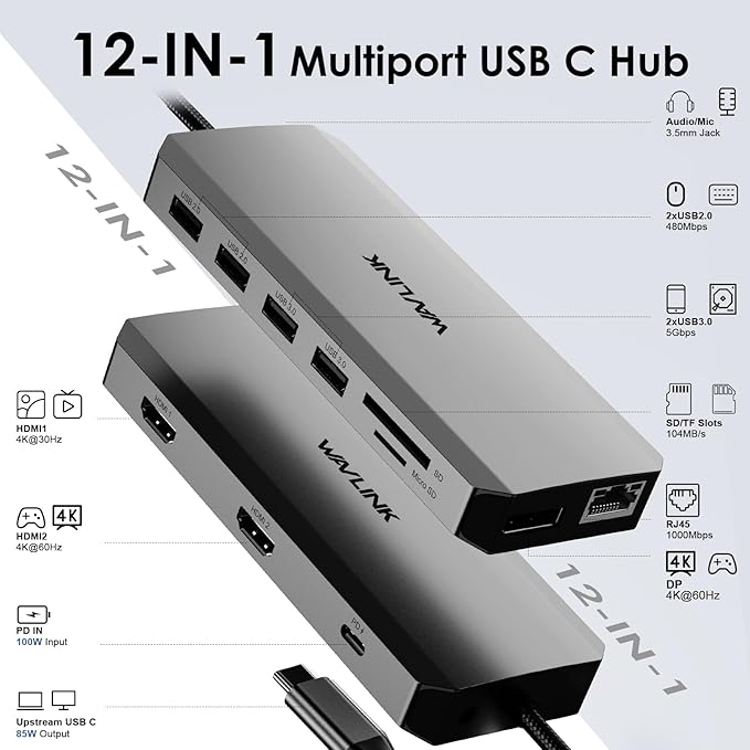 WAVLINK USB C Docking Station Dual Monitor, Triple Display, USB C to 2 HDMI,DisplayPort, PD Charging, Ethernet, 5 USB, SD/TF Read, Audio for MacBook Dell HP Lenovo Surface, Dark Grey