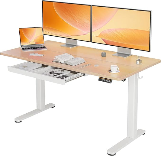 YDN Standing Desk with Drawers, Height Adjustable Desk 55 x 24 Inch, Electric Sit Stand Home Office, Natural