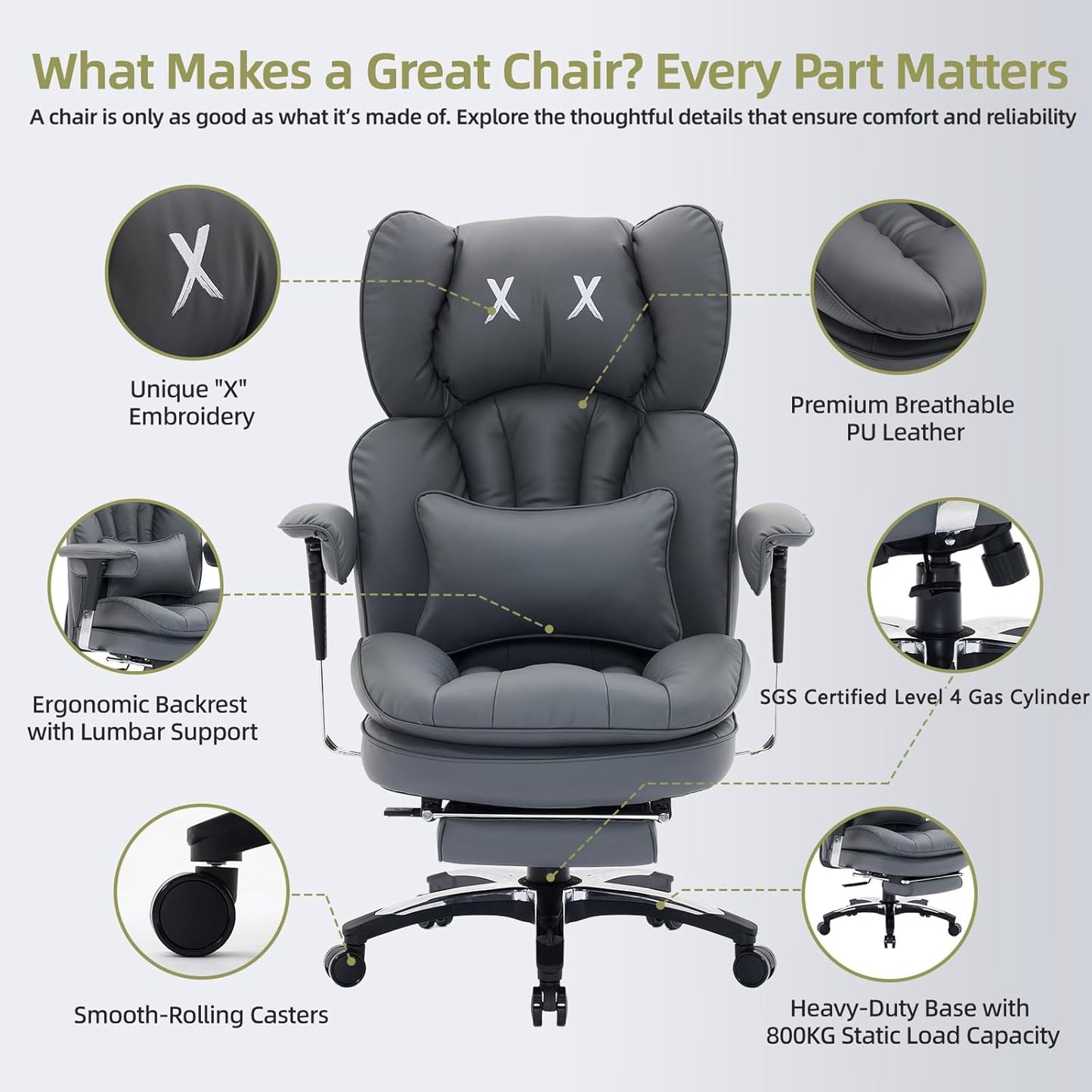 Efomao Big and Tall Office Chair with Footrest – High Back Computer Chair with Adjustable Armrests，Executive Office Chair with Wide Seat, Modern Desk Chair for Home Office, Gaming, or Study, Grey