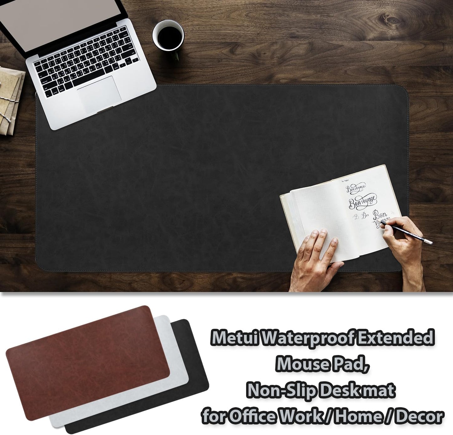 Leather desk pad for computer and laptops, Ideal for gaming and office use, Large mouse pad and keyboard mat, desk mat special for man. A complimentary wrist pad and phone stand. (Black, 17.7"x 39.37)