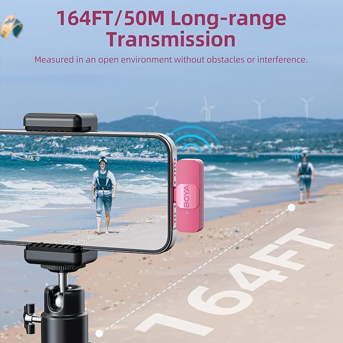 BOYA Wireless Lavalier Microphone for Android USB C Smartphone Tablet External Mini Lapel Type C Microphone for Cell Phone Clip-On Mic for Video Recording Podcast YouTube Live Streaming (Pink)