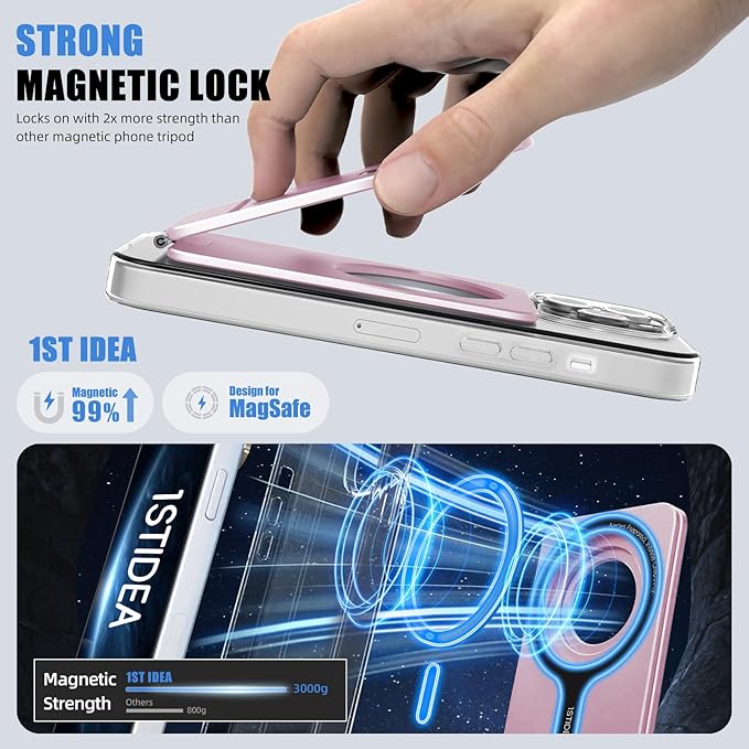 Magnetic Tripod for iPhone, Aluminium Phone Tripod Stand Compatible with Magsafe iPhone 16/15/14/13/12 Series, Foldable Strong Magnetic Phone Stand & Portable Phone Holder, Pink