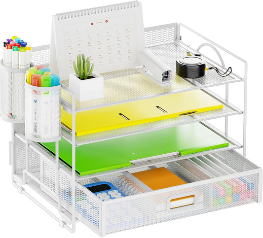 Marbrasse Desk Organizer and Accessories4-Tier Paper File Letter Tray Accessories & Workspace Desk Organizers with Drawer and 2 Pen Holders for School Home Office Supplies (White)