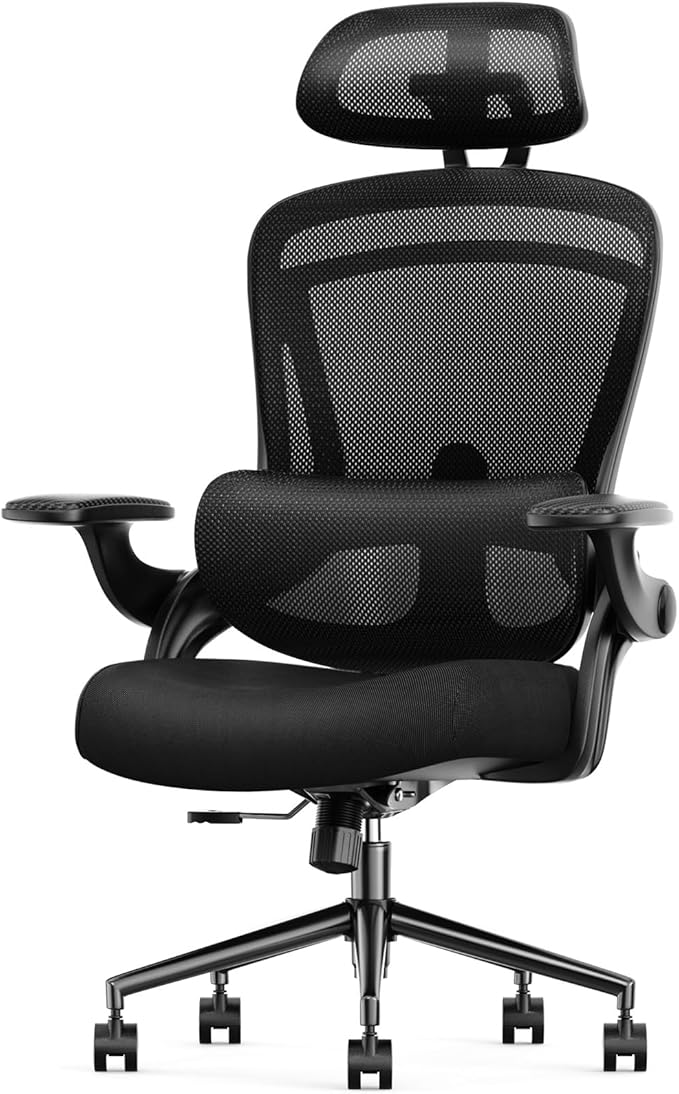 Sweetcrispy Ergonomic High Back Office Chair with 2D Headrest, Up&Down Lumbar Support, Swivel Computer Task Mesh Desk Chairs with Adjustable Flip-up Armrests, Classic Black