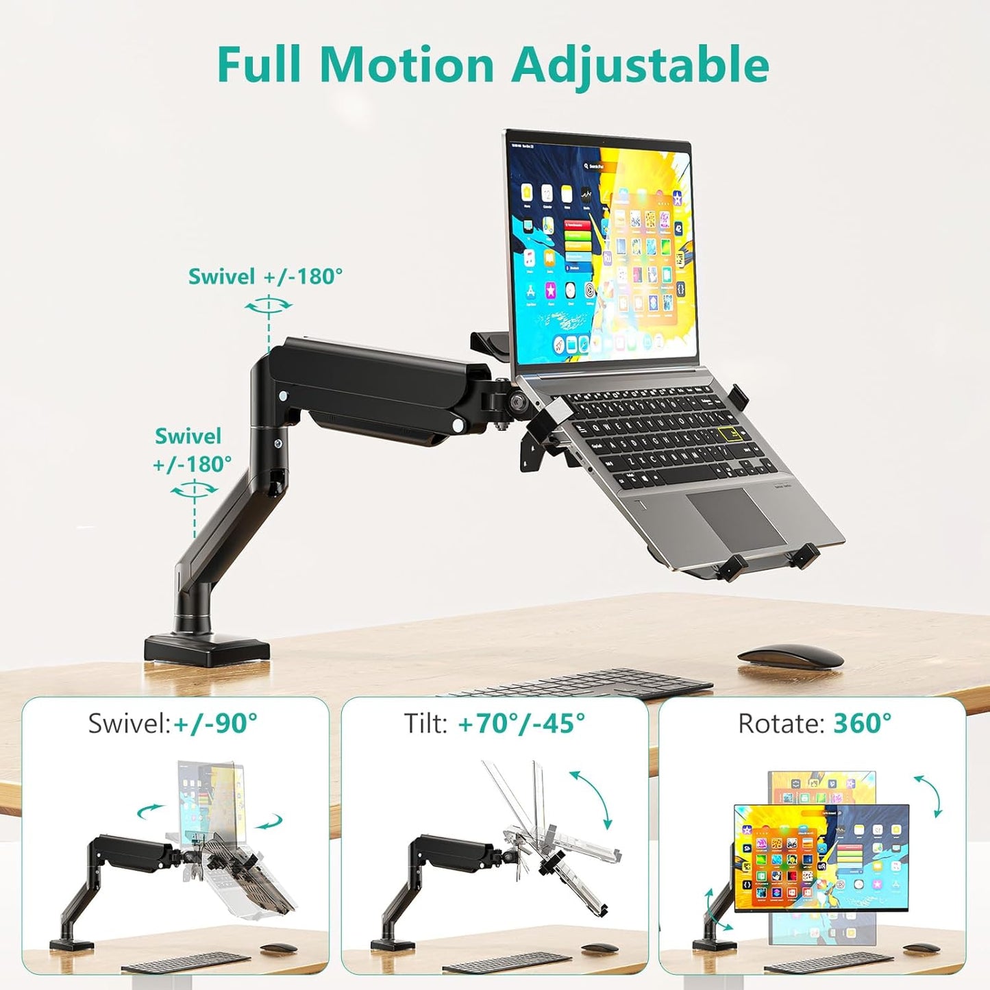 WALI Laptop Desk Mount, 2-in-1 Monitor Mount with Adjustable Laptop Tray, Fits Max 17" Notebook and 34" Computer Screen, Max Holds 22-26.4 lbs, Single Monitor Laptop Stand for Desk (GSMP001NLP), Black