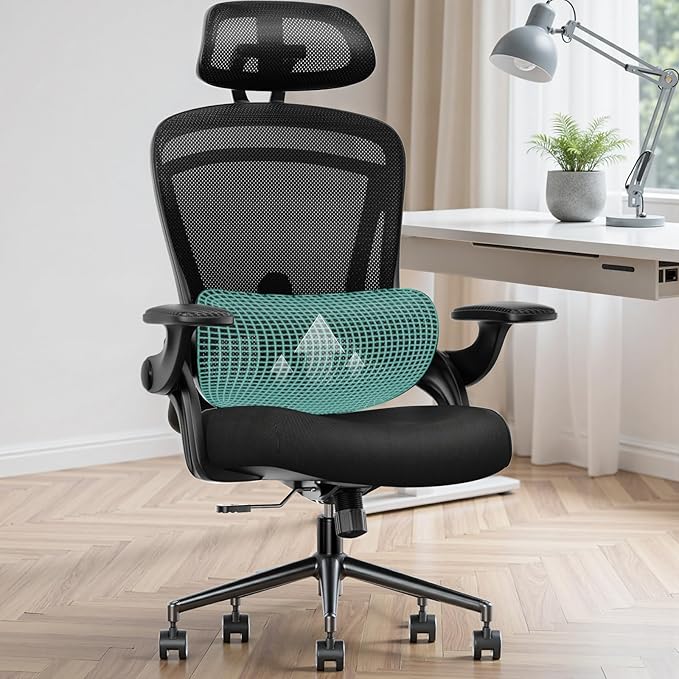 DUMOS Ergonomic Mesh Office Chair - High Back Executive Chair with 2D Headrest & Up&Down Lumbar Support | Adjustable Flip-Up Arms, 330lbs Heavy Duty for Home Office/Gaming (Inky)