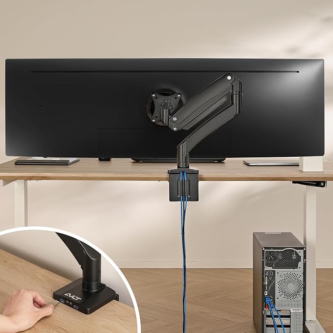 AVLT Single 17"-49" Super Ultrawide Monitor Arm for Screens Up to 50 lbs, Premium Aluminum Desk Stand, Adjustable Pneumatic Height, Full Motion Swivel Tilt Rotation, USB 3.0 & AUX Ports, Black