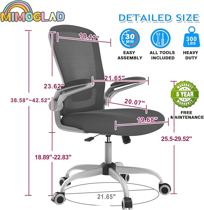 Mimoglad Home Office Chair, High Back Desk Chair, Ergonomic Mesh Computer Chair with Adjustable Lumbar Support and Thickened Seat Cushion