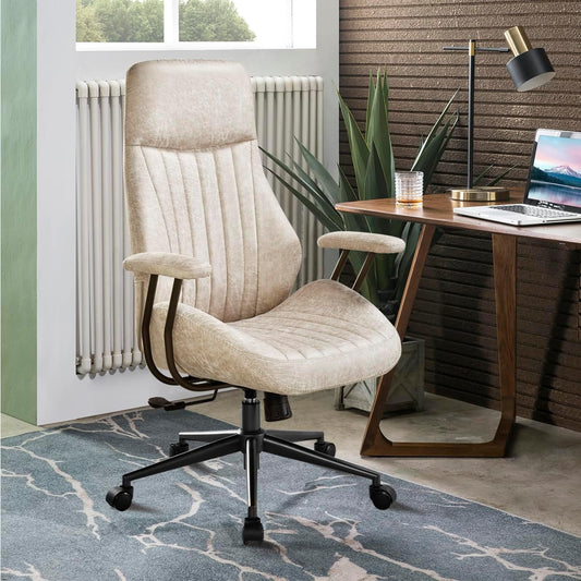 ovios Ergonomic Home Office Chair, Mid-Century Modern Faux Leather Chairs with Padded Armrests, Comfy High Back Swivel Rolling Executive Computer Armchair (Beige, Suede Leather)