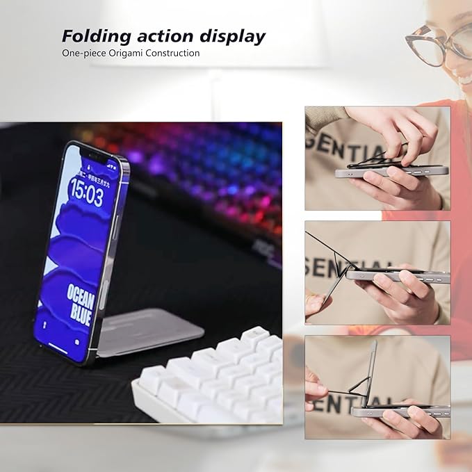 Phone Stand, Magnetic Foldable Phone tripods Stain-Resistant Leather & Angle Adjustment, Multifuctional Strong Magnetic Phone Tripod for iPhone 16/15/14/13/12- (Blue)