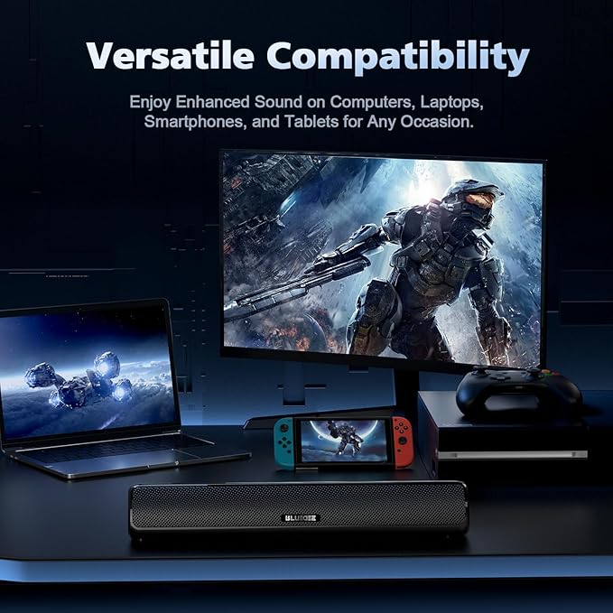 Computer Speakers for Desktop PC, HiFi Stereo Poratble 5.3 Bluetooth Computer Speakers, Computer Sound bar, 3.5mm Aux-in Pc Soundbar with Deep Impactful Bass, Gaming Speakers for PC,Laptop,Tablet