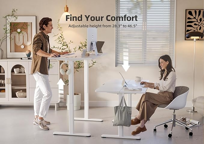 YDN Electric Standing Desk Adjustable Height, 48 x 24 Inches Stand up Desk with Cable Management, Home Office Desks with Splice Board & White Frame, White Top