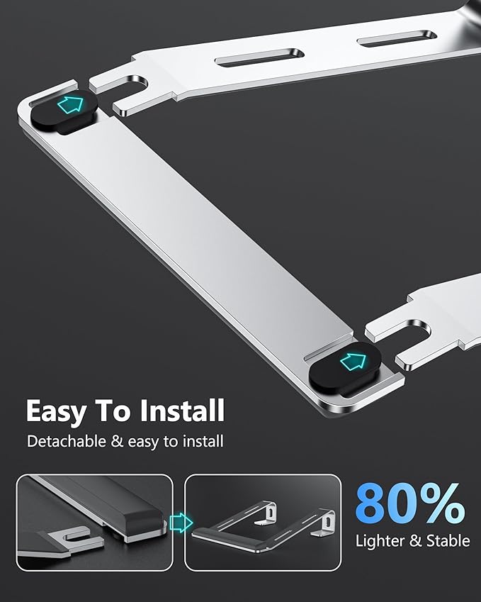 Aluminum Laptop Stand, Notebook Stand with Wrist Rest, Ergonomic Detachable Laptop Mount, Computer Stand Compatible with 10-17'' All Laptops Such as MacBook Air Pro/HP/Dell/Lenovo, Silver