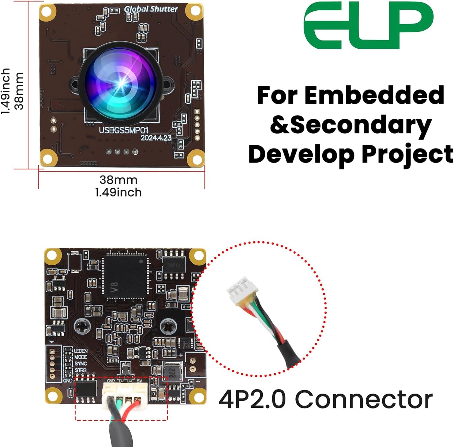 ELP 5MP Global Shutter 50fps USB Camera - Wide Angle Webcam for Live Streaming (100 No Distortion Lens)