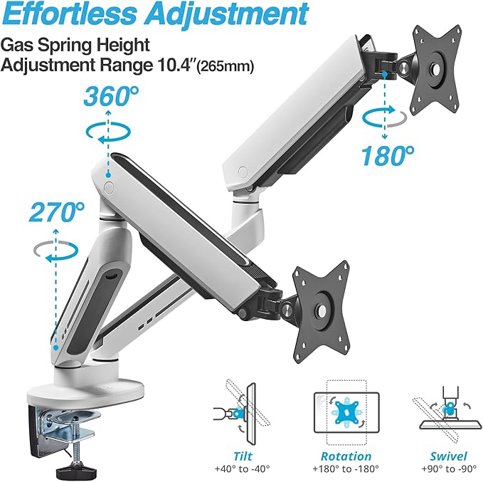 AVLT Dual 27”-43” RGB Gaming Monitor Arm Desk Mount Built-in 20 Lighting Modes Touch Button Control Fits Flat/Curved/Ultrawide Screen Height Swivel Tilt Rotation Adjustable Stand -White