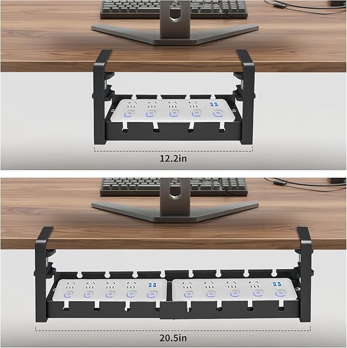 2 Pack Adjustable No Drilling Extendable Under Desk Cable Management Tray with Clamp Mount Heavy Duty Ventilated Design Under Desk Cable Management Tray for Office Home Desktop Wire Organization
