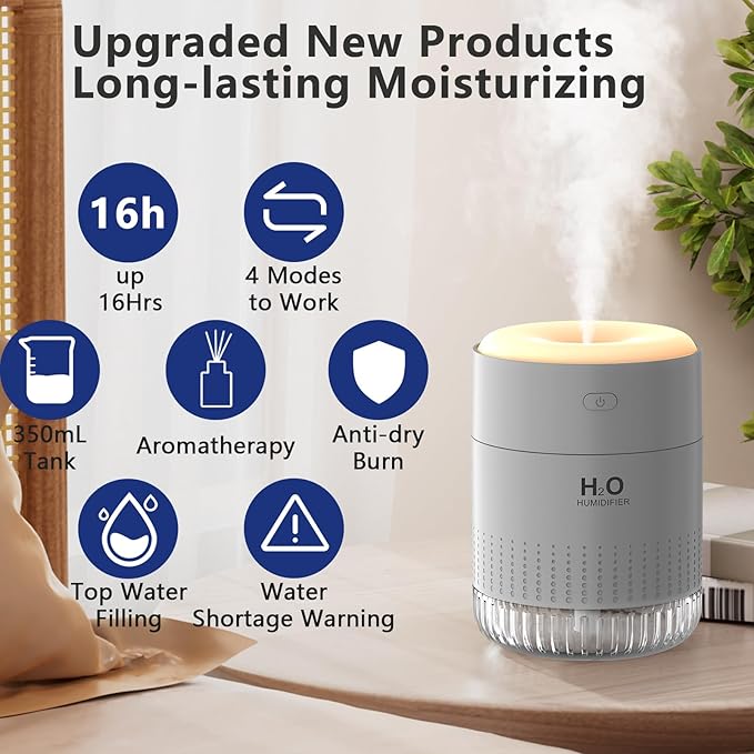 Colorful Mini Humidifier, USB Rechargeable Humidifier, small humidifier, 4 Modes Super Quiet, Humidifiers For Bedroom,Suitable For Travel Office Family Baby Bedroom-Grey