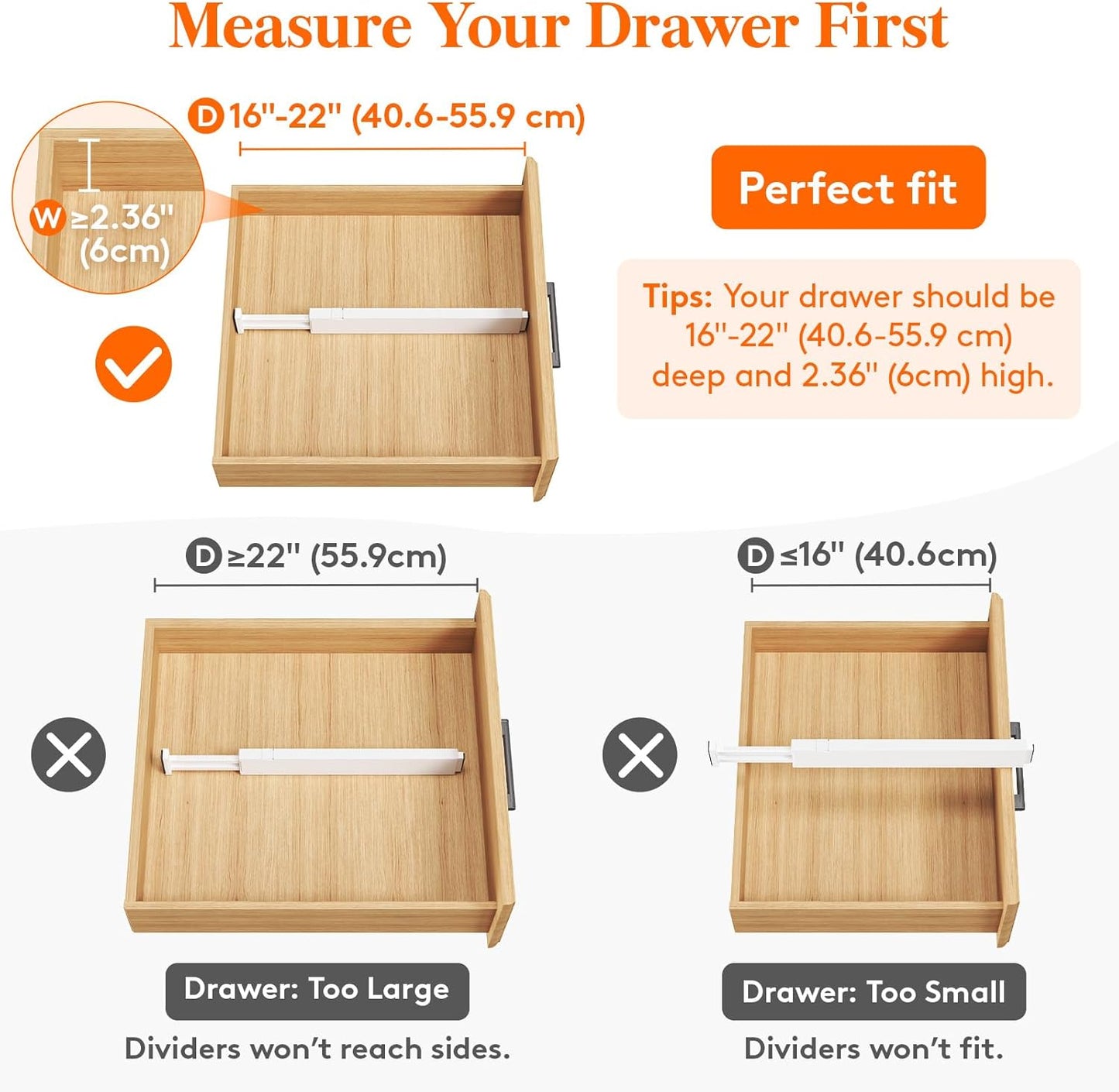 Lifewit 8 Pack Kitchen Drawer Dividers 2.36" High, 16"-22" Adjustable Drawer Organizer for Utensils/Clothes/Makeup, Plastic Expandable Separators in Dresser/Bedroom/Bathroom/Office Storage