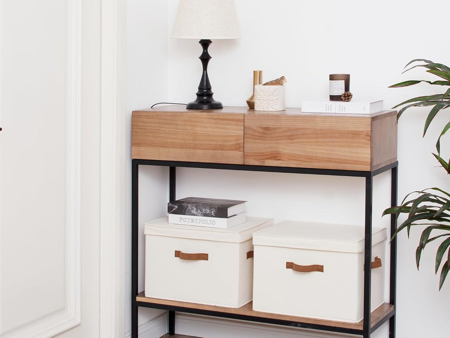 StorageWorks Fabric Storage Bins with Lid, Decorative Storage Boxes for Shelves, Stackable Closet Organizer Basket with Handles, Jumbo, Ivory White, 2-Pack